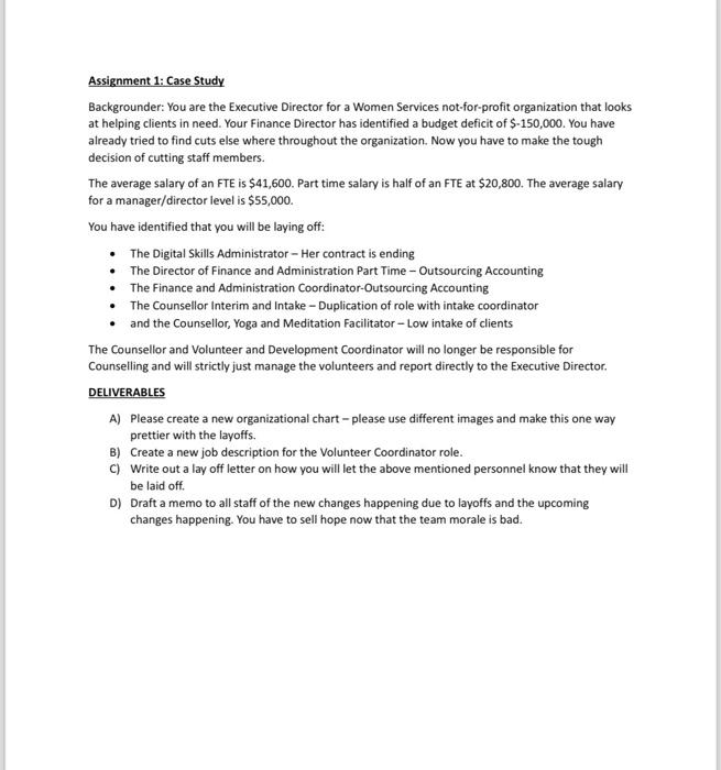 memo letter Assignment 1: Case Study Backgrounder: You are the Executive Director