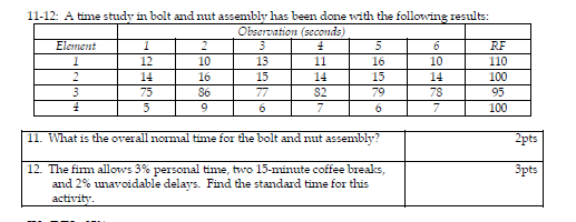  11-12: A time study in bolt and nut assembly has been
