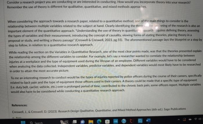  reply Consider a research project you are conducting or are interested