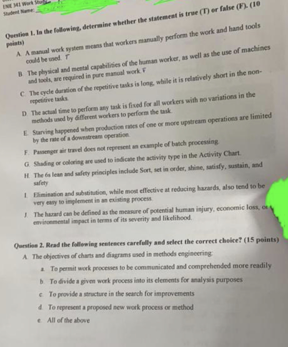 Please answer all of these work study multiple choice & T/F questions,