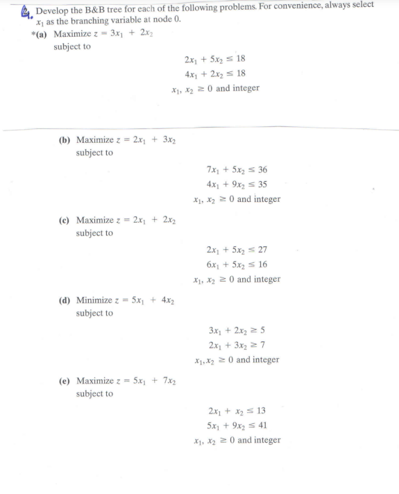 1. Develop the B\&B tree for each of the following problems.