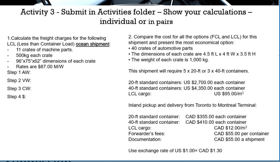  Activity 3- Submit in Activities folder - Show your calculations individual