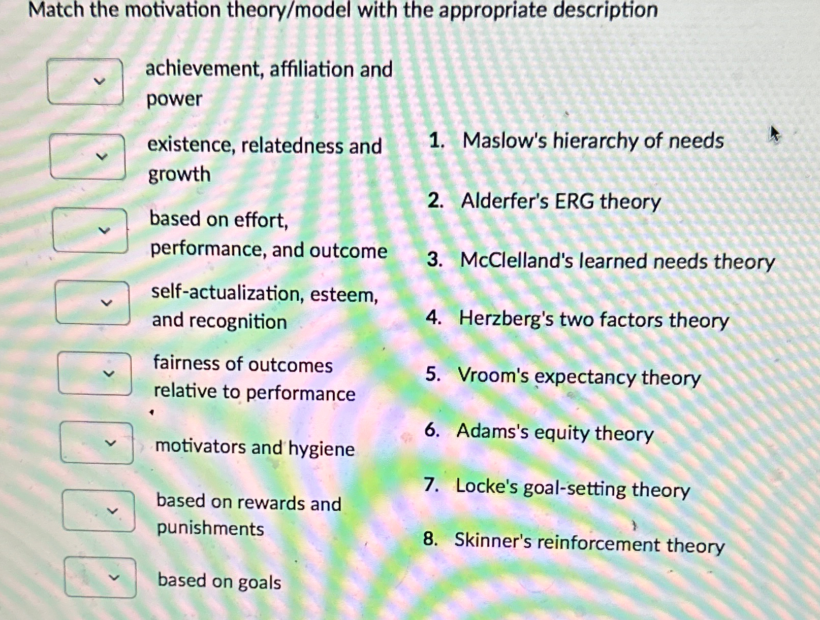  Match the motivation theory/model with the appropriate description achievement, affiliation and