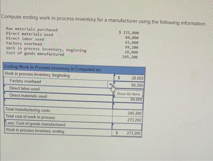  Compute ending work in process inventory for a manufacturer using the