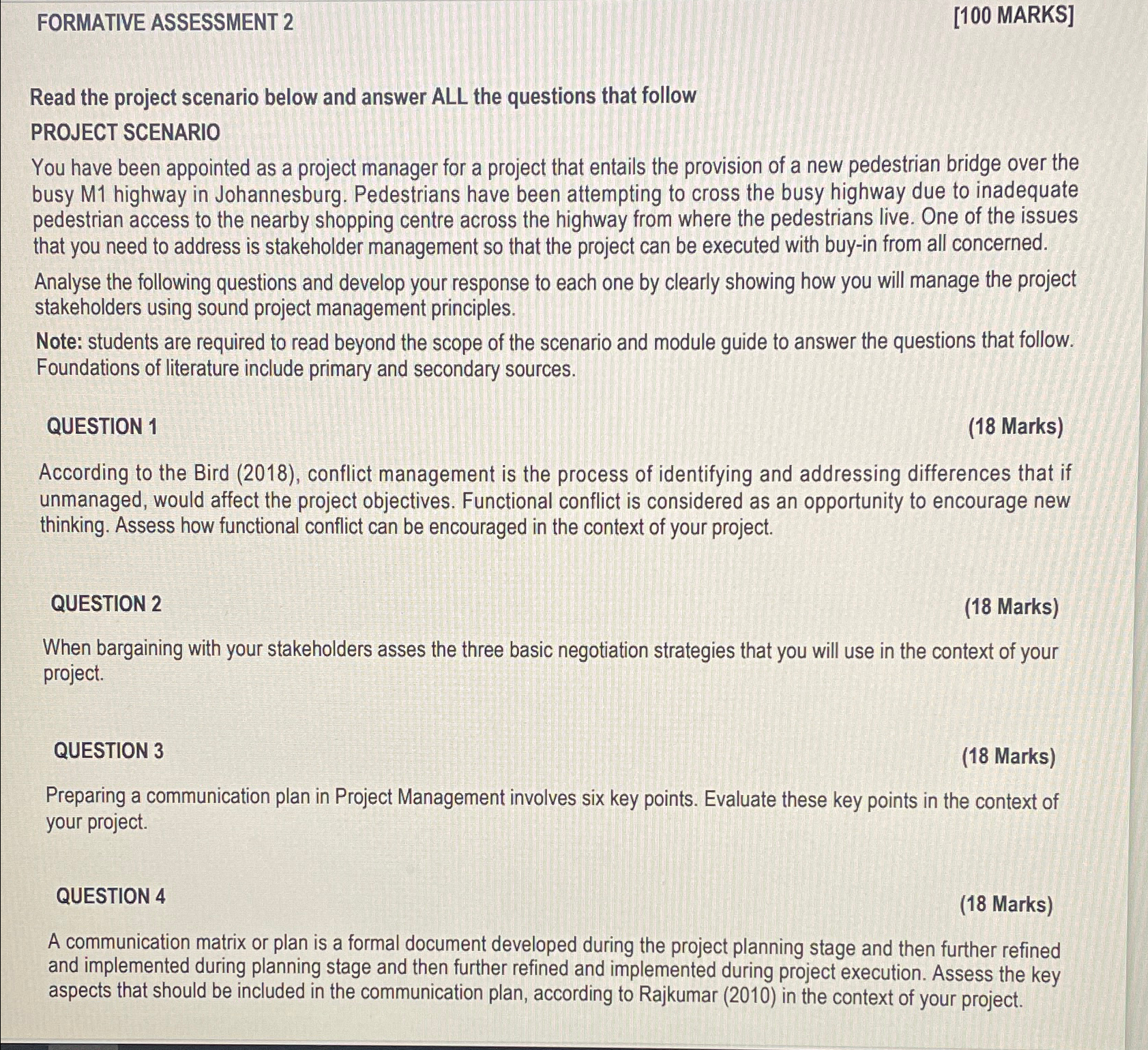  FORMATIVE ASSESSMENT 2 [100 MARKS] Read the project scenario below and