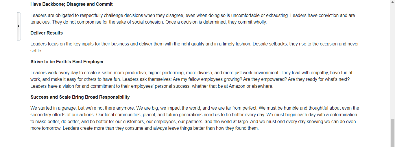 Amazon jobs website lists 16 leadership principles (competencies) for employees and notes,