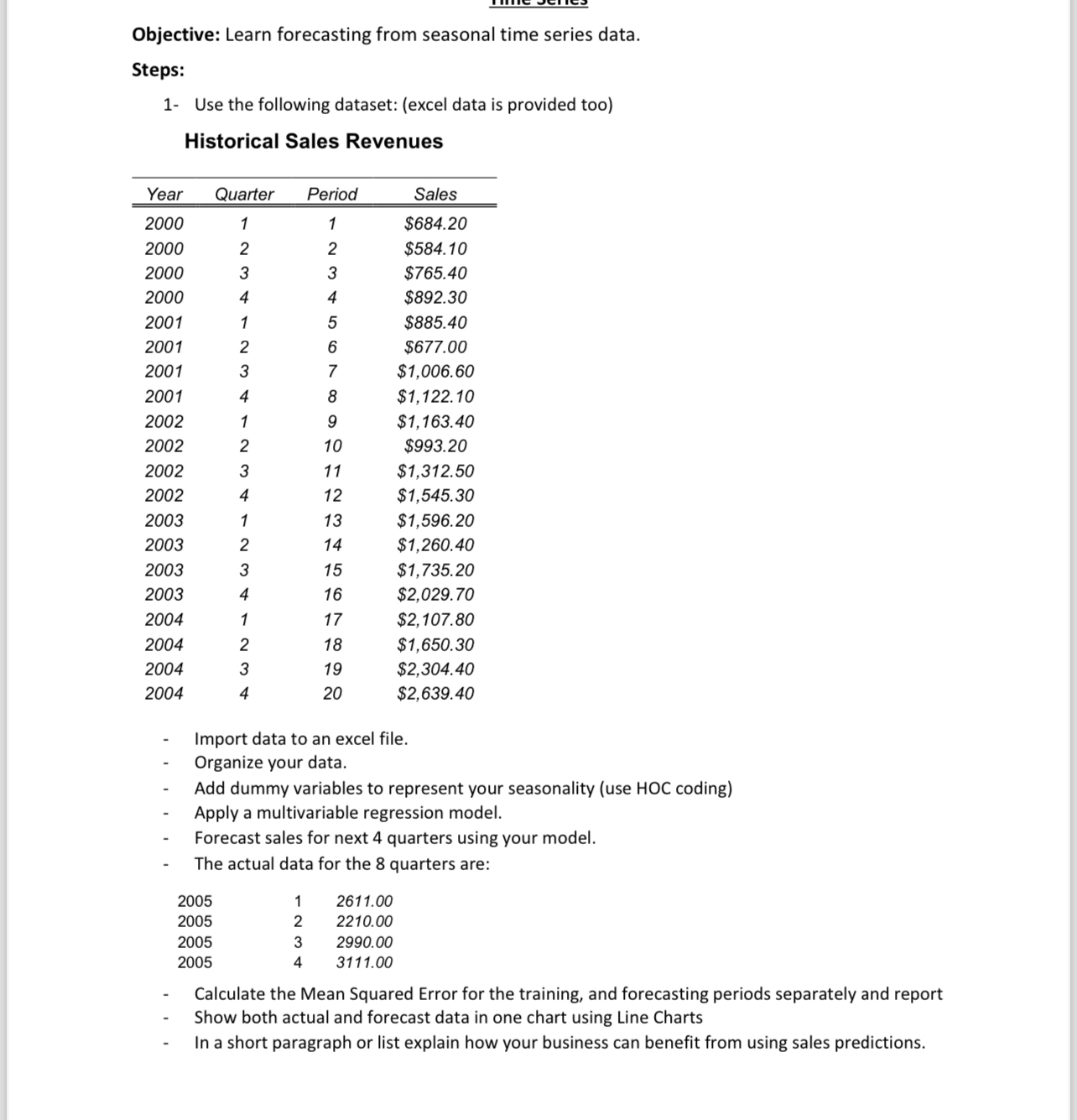  Objective: Learn forecasting from seasonal time series data. Steps: 1- Use