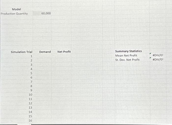  Simulation Trial range is 1-1000 Model Production Quantity 60,000 Simulation Trial