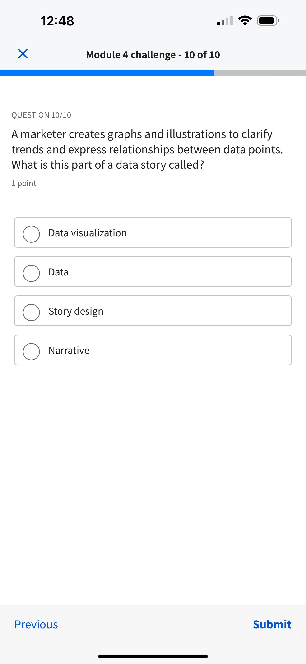  12:48 Module 4 challenge -10 of 10 QUESTION 10/10 A marketer