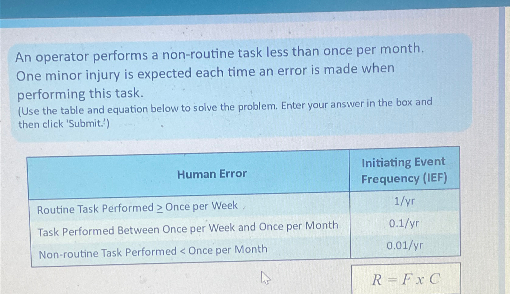  An operator performs a non-routine task less than once per month.
