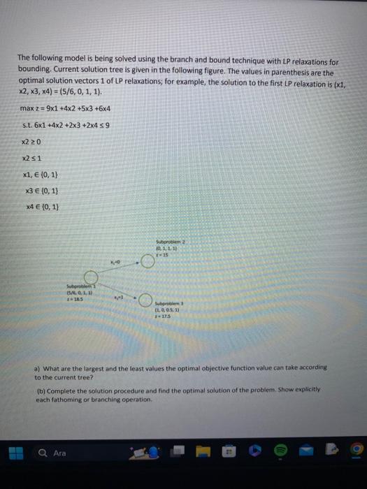  The following model is being solved using the branch and bound