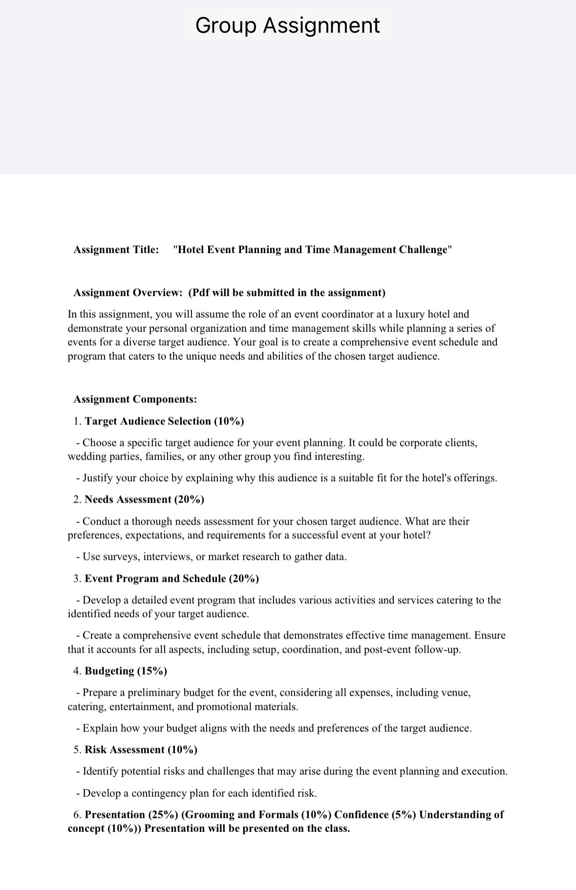  Group Assignment Assignment Title: "Hotel Event Planning and Time Management Challenge"