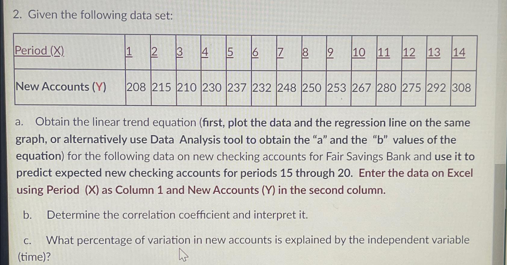  Given the following data set: \table[[Period (X).,1,2,3,4,5,6,7,8,9,10,11,12,13,14],[New Accounts (Y),208,215,210,230,237,232,248,250,253,267,280,275,292,308]] a. Obtain