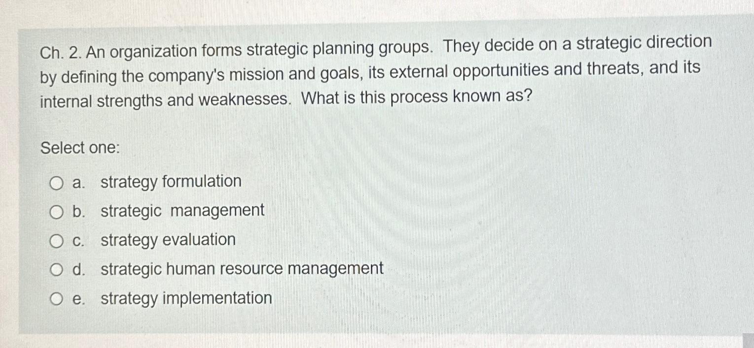  Ch.2. An organization forms strategic planning groups. They decide on a