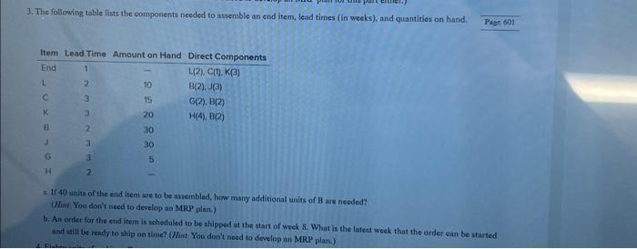 3. The following table lists the components needed to ansemble an