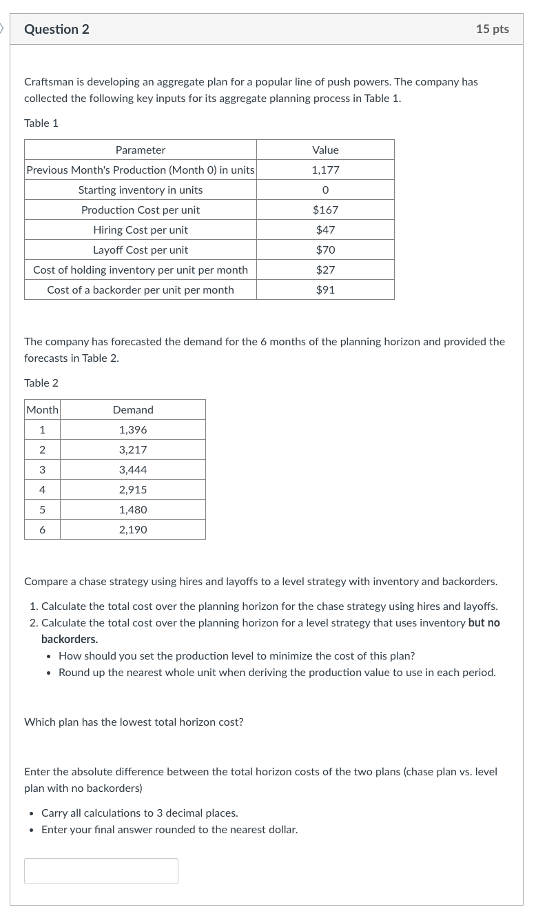 Craftsman is developing an aggregate plan for a popular line of