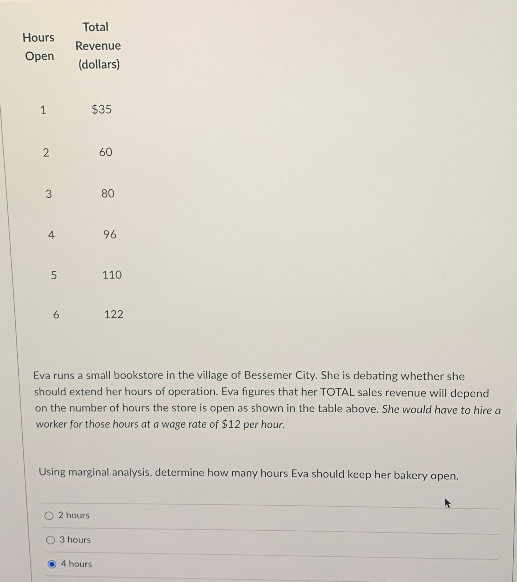  Total Hours Revenue Open (dollars) 1,$35 2,60 3,80 4,96 5,110 6,122