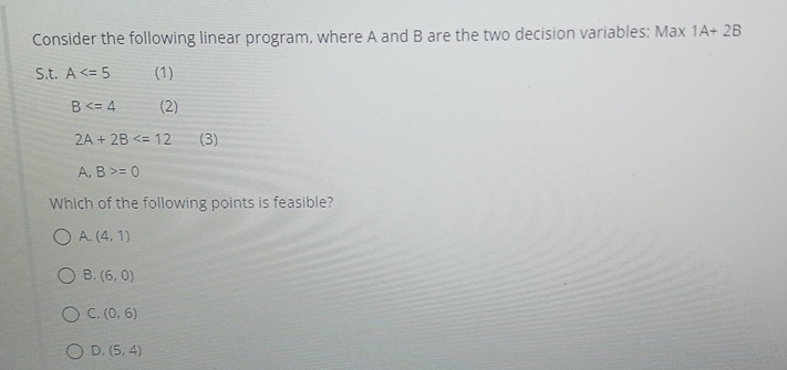  Consider the following linear program, where A and B are the