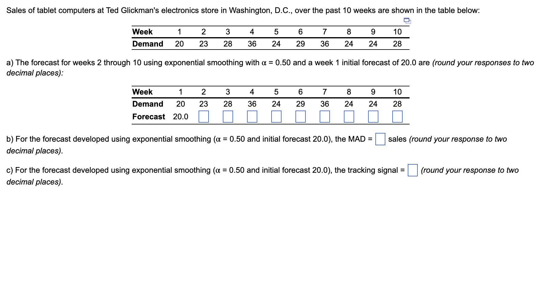 a) The forecast for weeks 2 through 10 using exponential smoothing