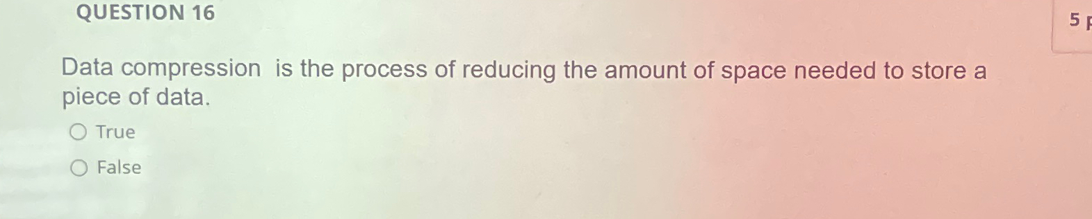  QUESTION 16 Data compression is the process of reducing the amount