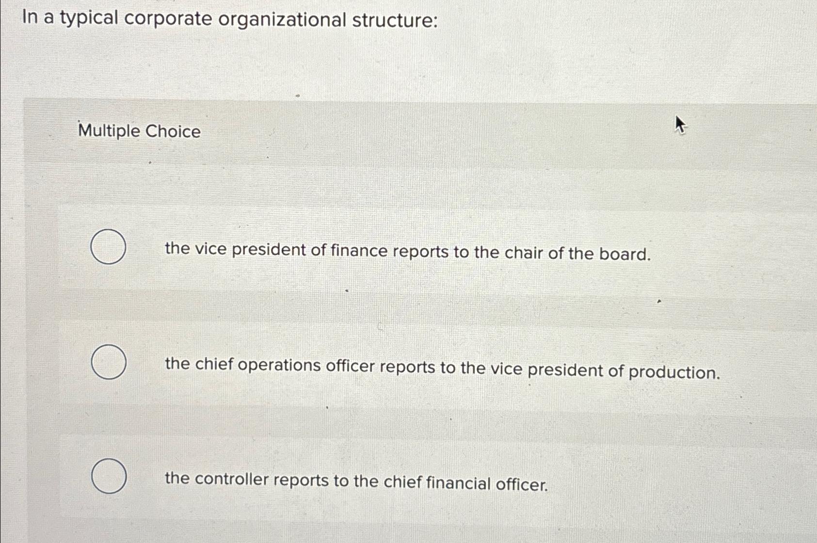  In a typical corporate organizational structure: Multiple Choice the vice president