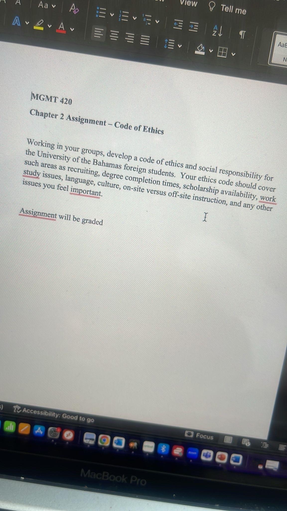  MGMT 420 Chapter 2 Assignment - Code of Ethics Working in