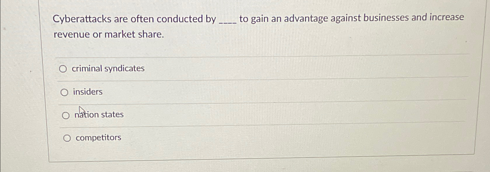 Cyberattacks are often conducted by ________ to gain an advantage against