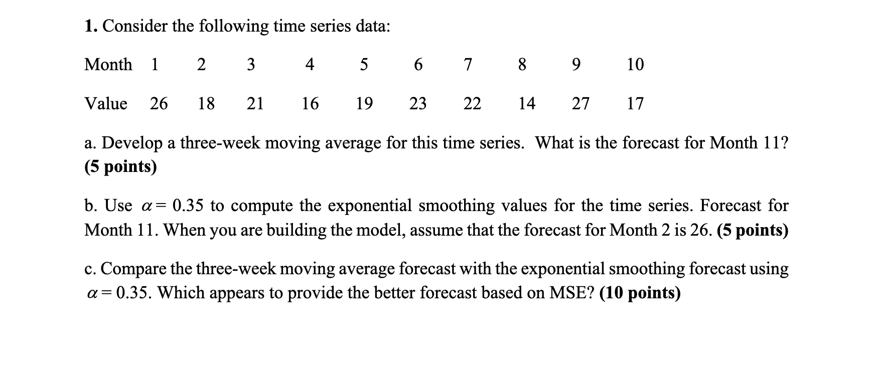  1. Consider the following time series data: a. Develop a three-week