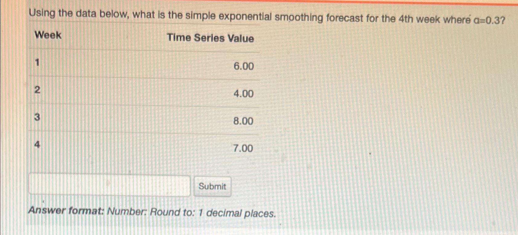 Using the data below, what is the simple exponential smoothing forecast