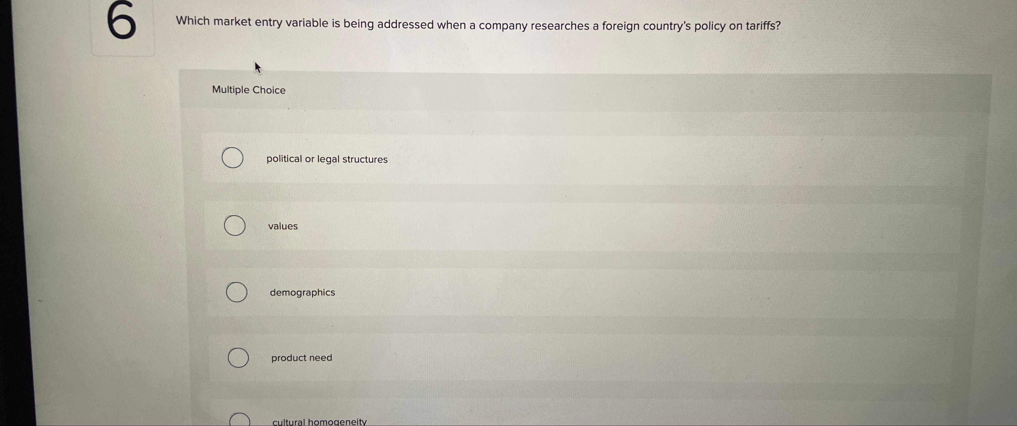  Which market entry variable is being addressed when a company researches