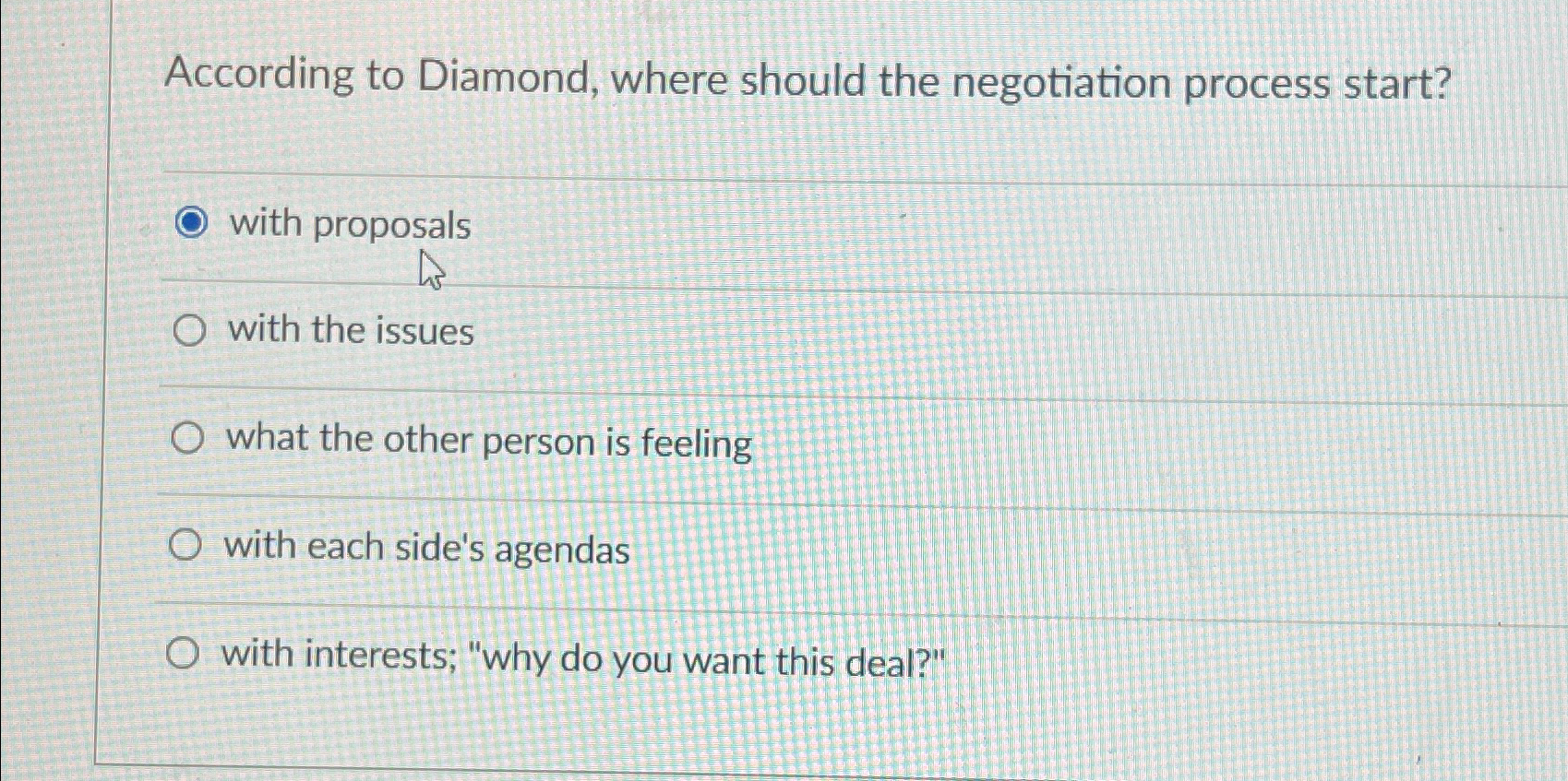  According to Diamond, where should the negotiation process start? with proposals