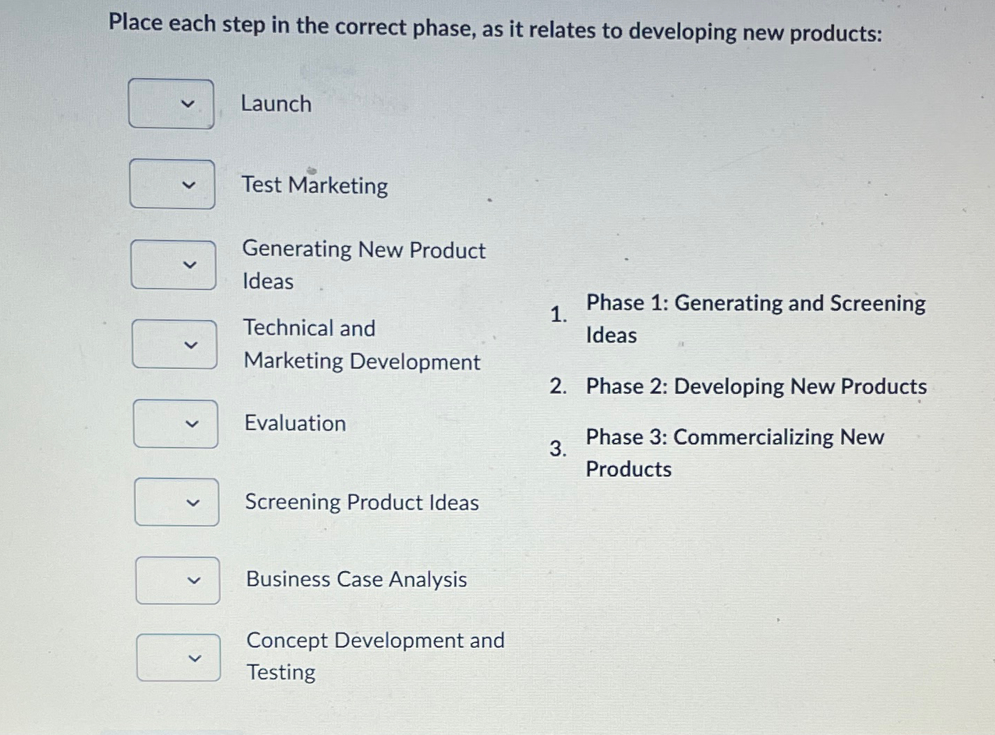  Place each step in the correct phase, as it relates to