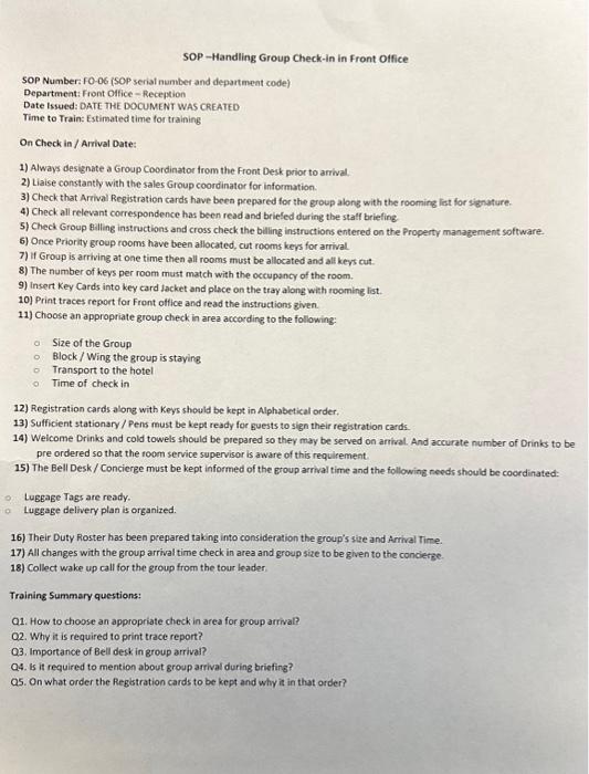 Make a SOP on given taopic On Check in / Arrival Date: