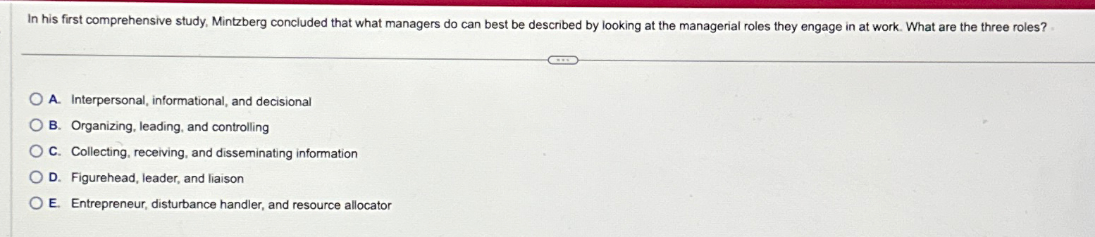  In his first comprehensive study, Mintzberg concluded that what managers do
