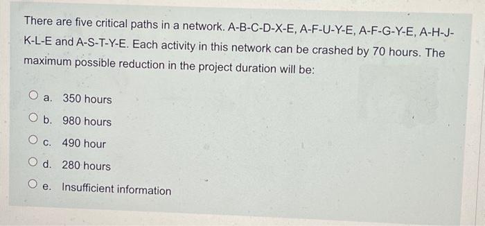  There are five critical paths in a network. A-B-C-D-X-E, A-F-U-Y-E, A-F-G-Y-E,