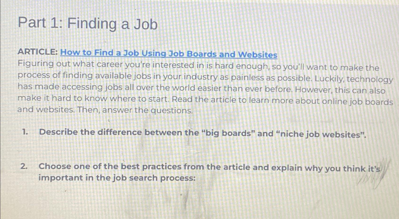  Part 1: Finding a Job ARTICLE: How to Find a Job