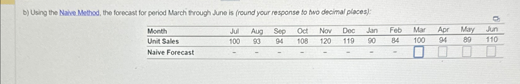  b) Using the Naive Method, the forecast for period March through