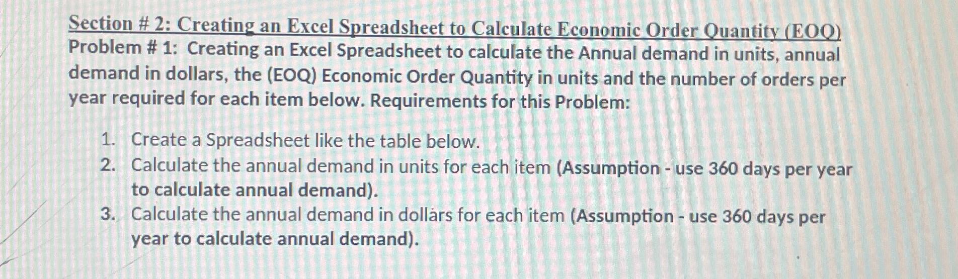  Section # 2: Creating an Excel Spreadsheet to Calculate Economic Order
