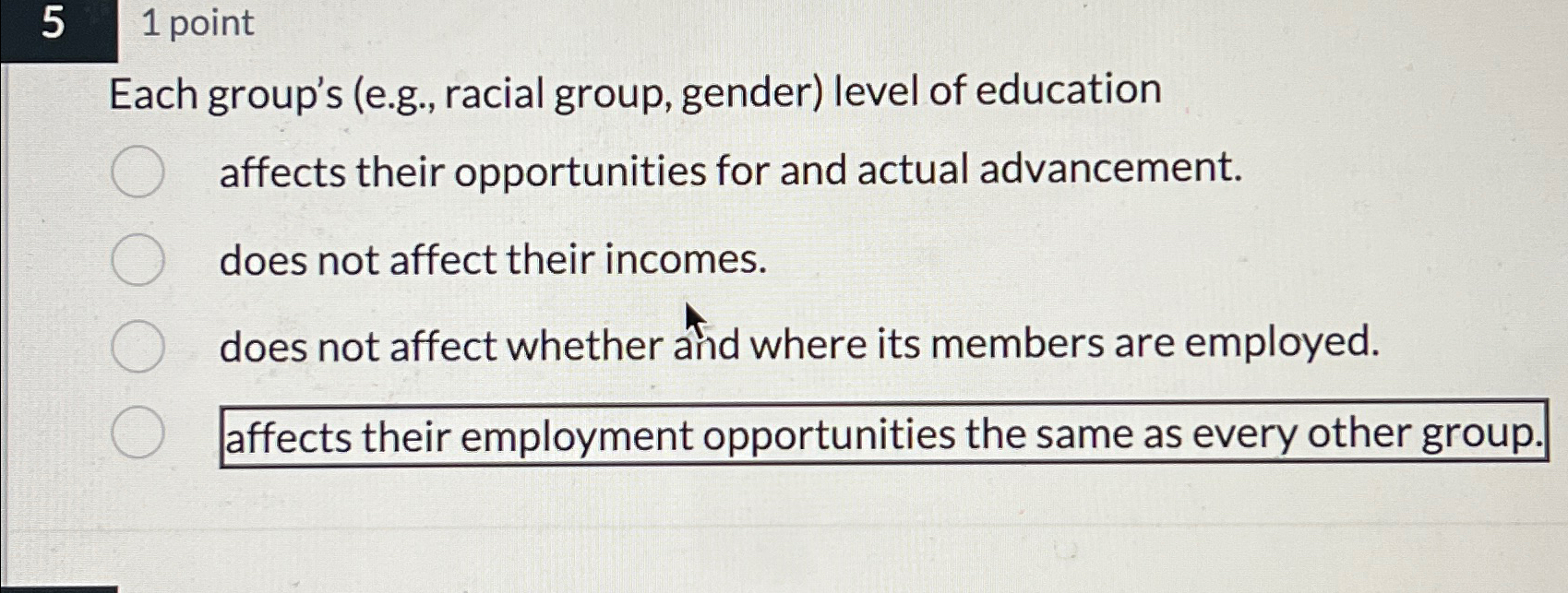  51 point Each group's (e.g., racial group, gender) level of education