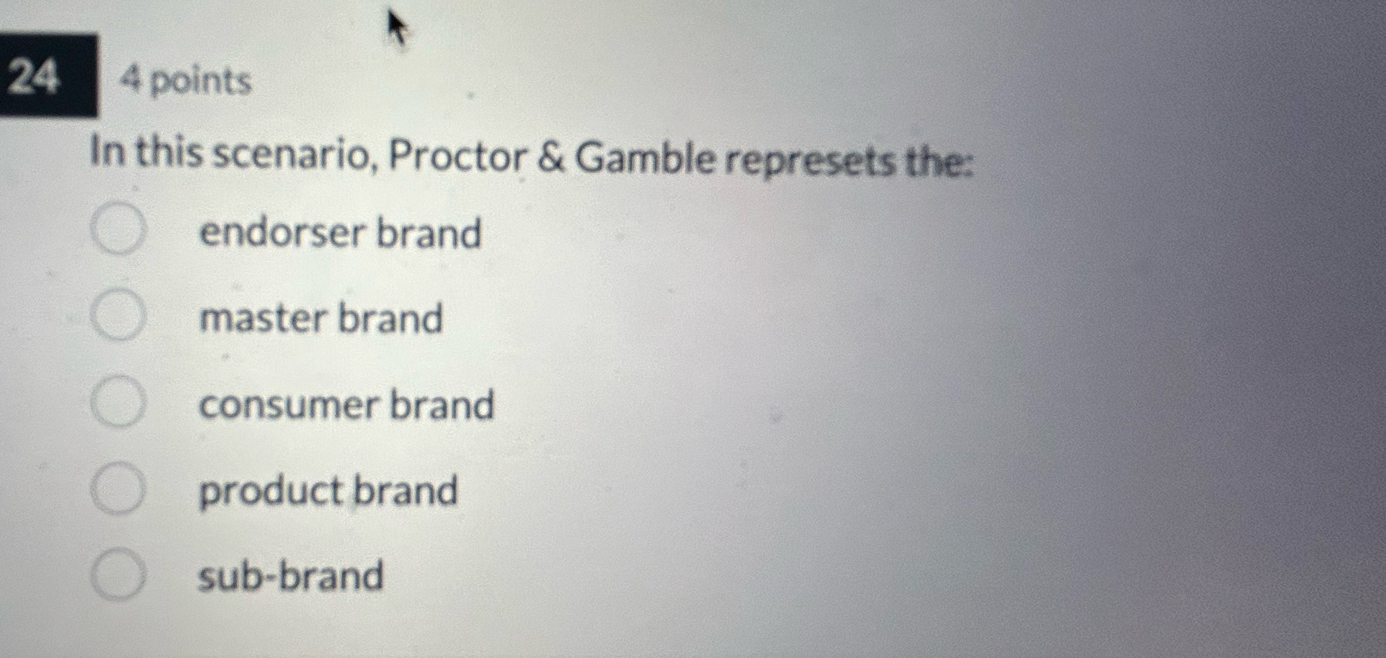  4 points In this scenario, Proctor & Gamble represets the: endorser