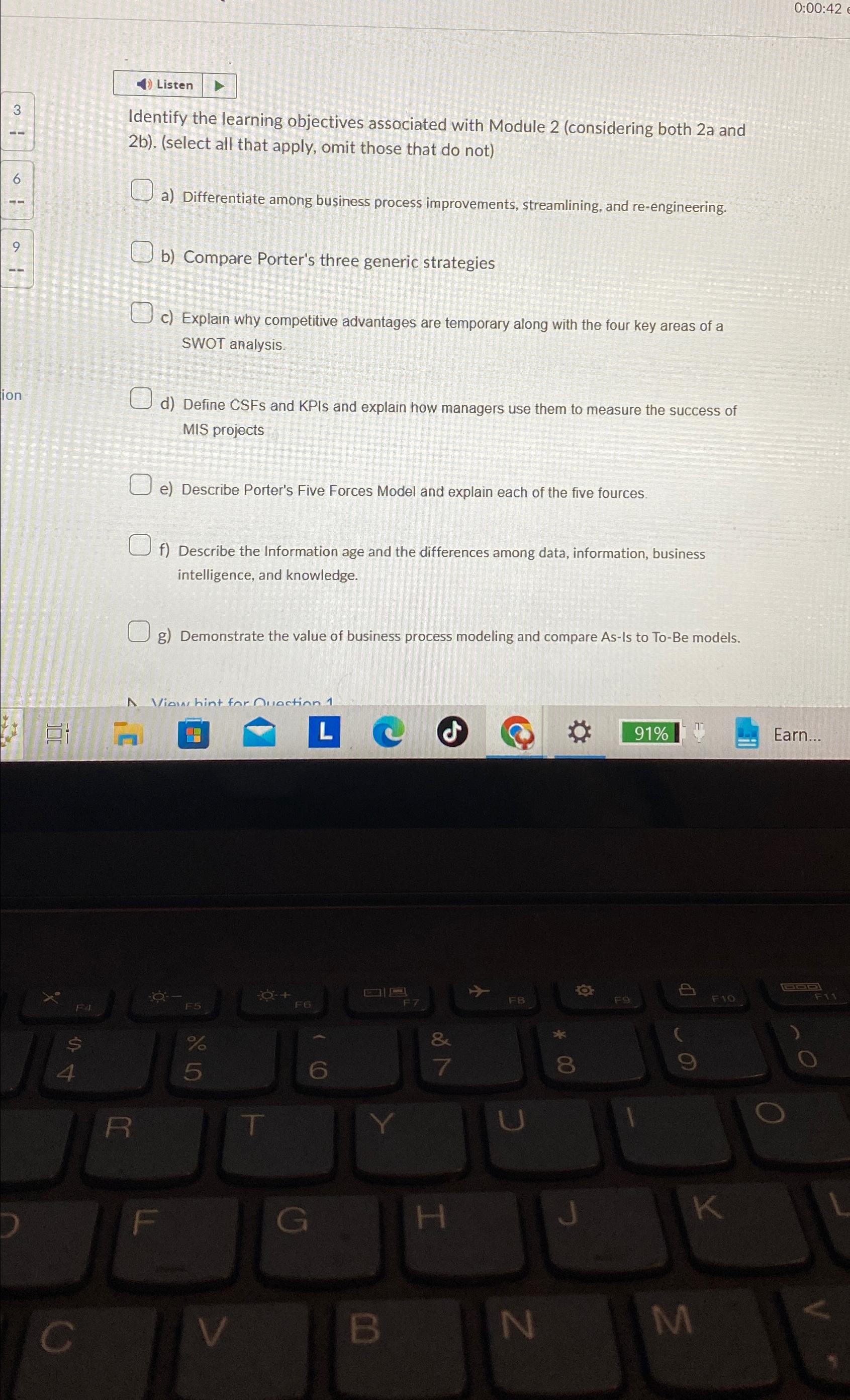  0:00:42 Listen Identify the learning objectives associated with Module 2(considering both