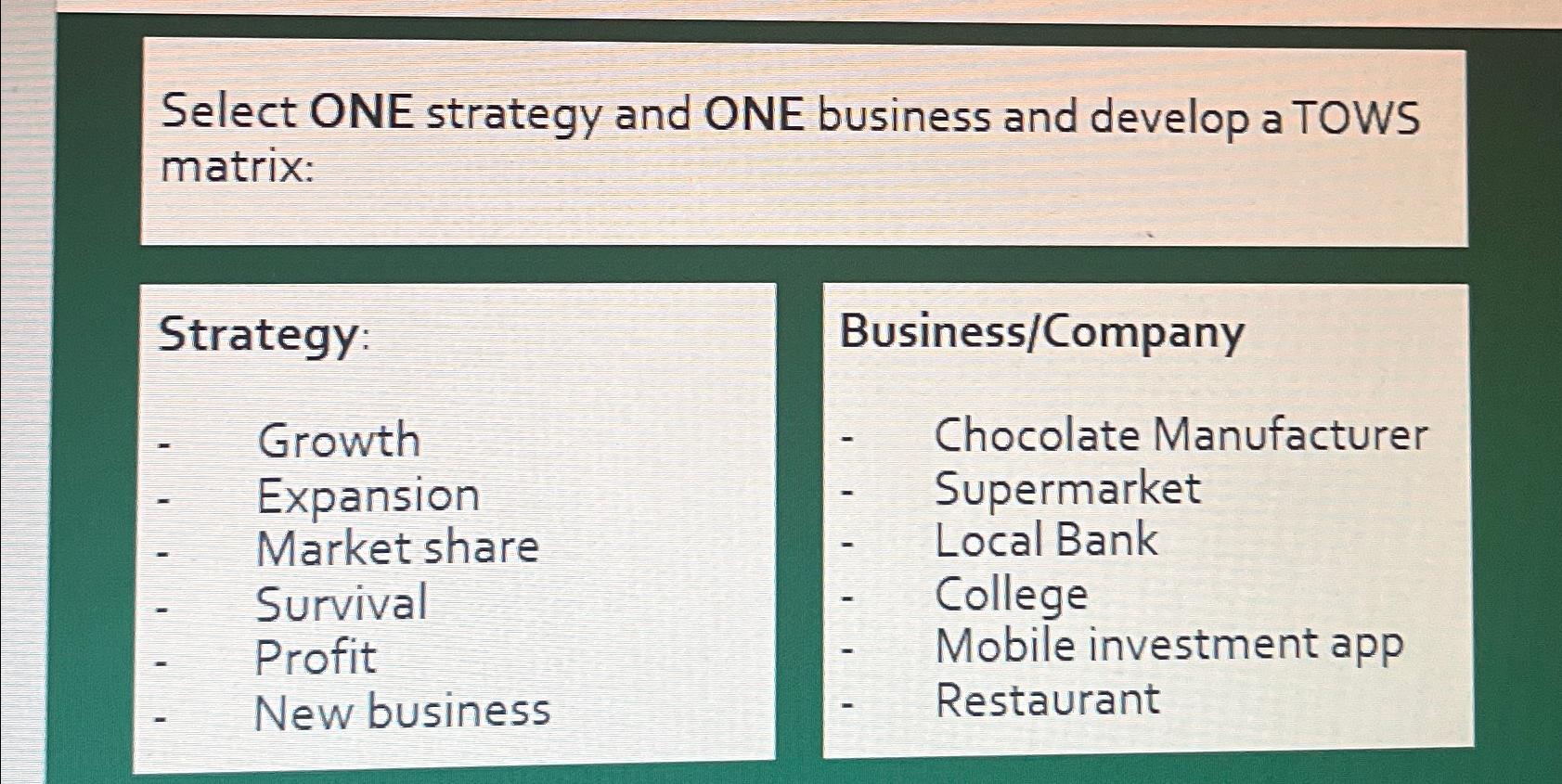 Select ONE strategy and ONE business and develop a TOWS matrix: