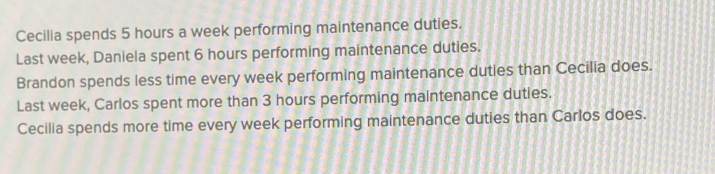  Cecilia spends 5 hours a week performing maintenance duties. Last week,