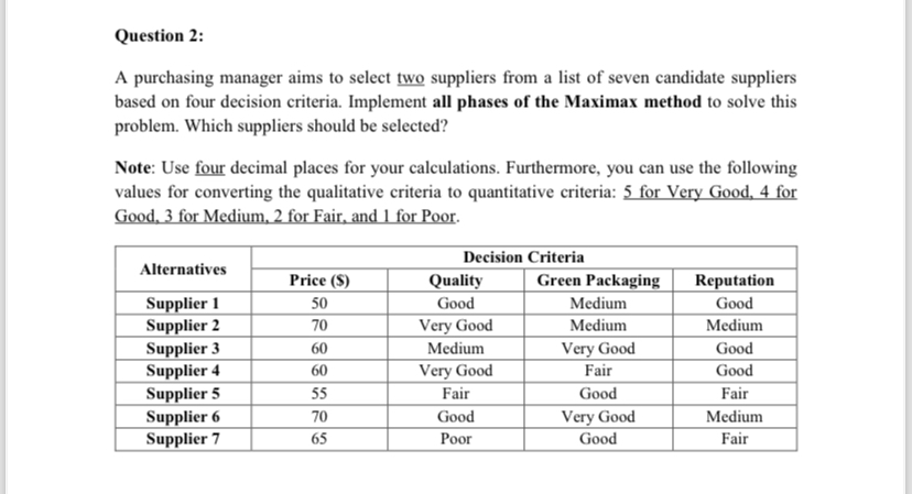  Question 2: A purchasing manager aims to select two suppliers from