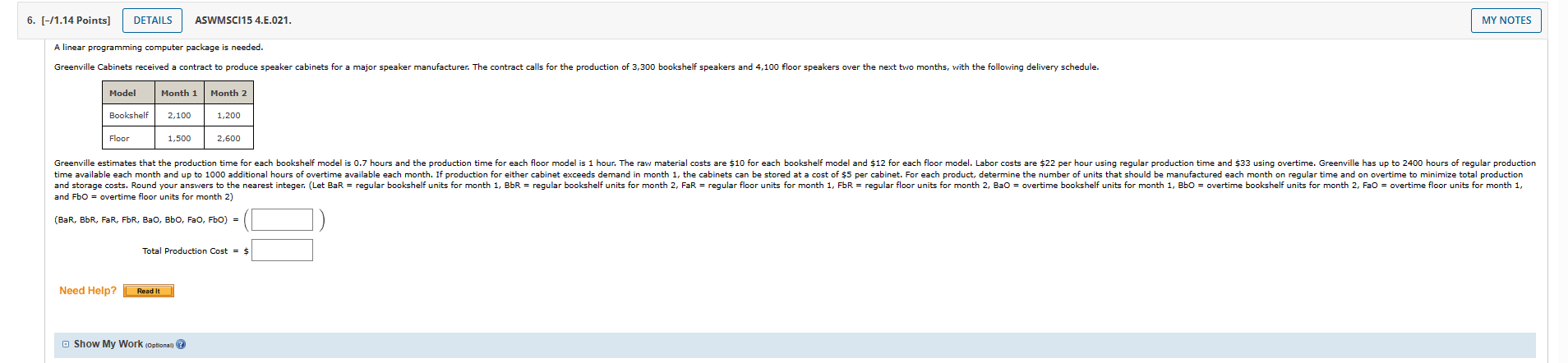  A linear programming computer package is needed. Greenville Cabinets received a