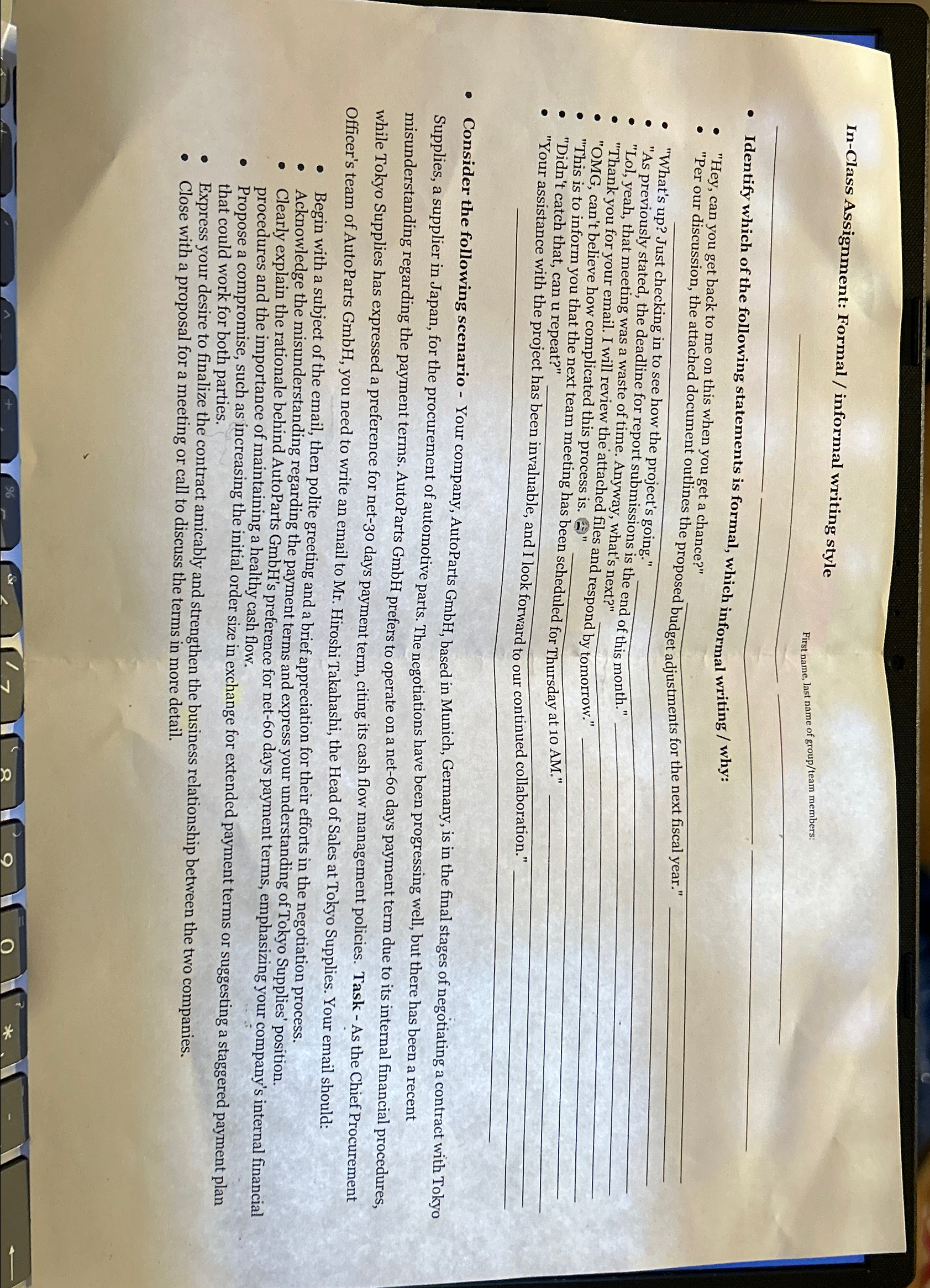  In-Class Assignment: Formal / informal writing style First name, last name