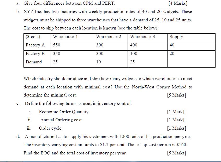  a. Give four differences between CPM and PERT. b. XYZ Inc.