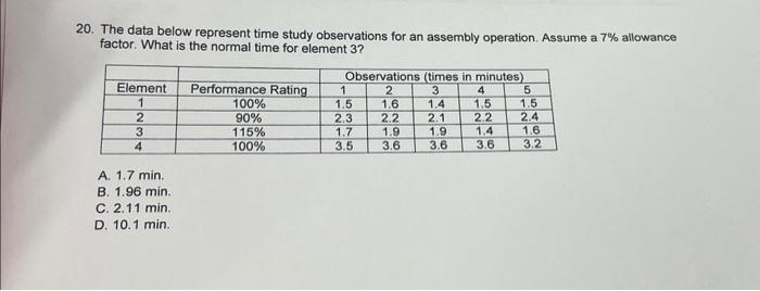  The data below represent time study observations for an assembly operation.