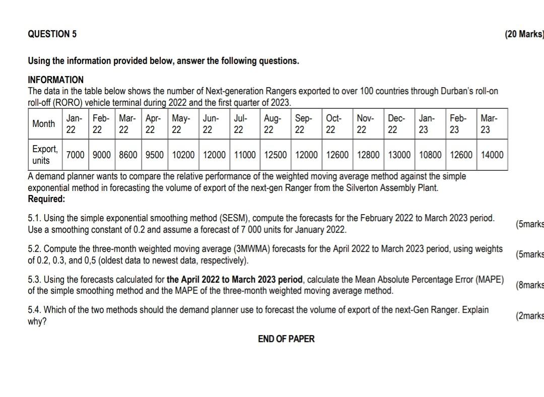  Using the information provided below, answer the following questions. INFORMATION The