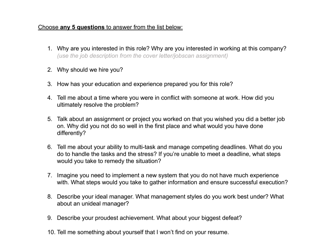  Interview Questions Assignment (2c) Choose any 5 questions to answer from